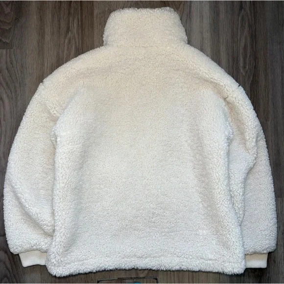 Levis Sherpa Fleece Jacket Cream Off White Geometric Trim Zip Up Womens Small - Picture 13 of 13